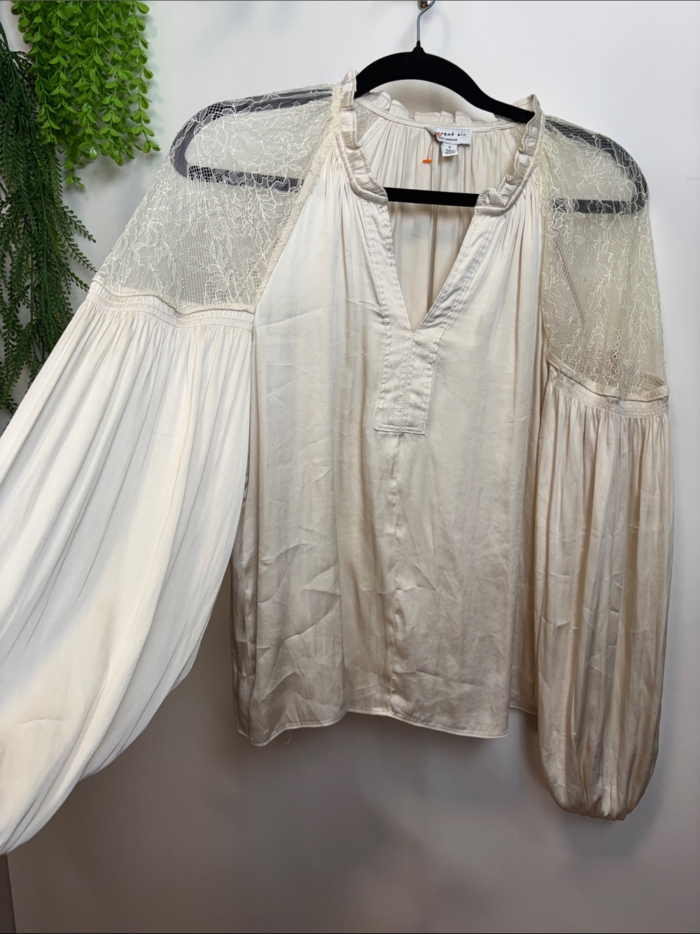 Current Air Cream Lace-Yoke Billowy Peasant Blouse